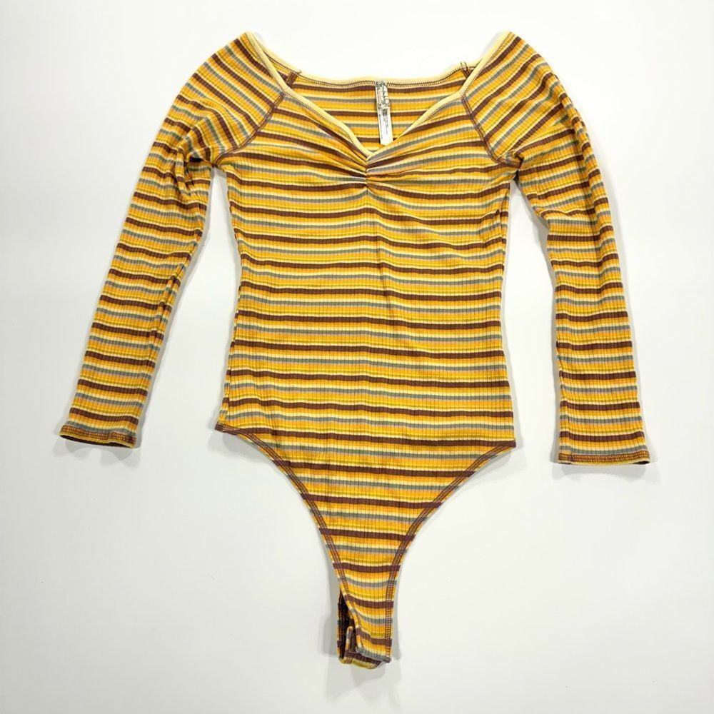 Intimately Free People Stretch Striped Yellow and Brown Off-Shoulder Long Sleeve